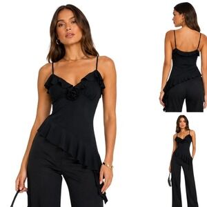 Mixed Threads Y2K Black Ruffled Rose Asymmetrical Camisole Top L Fairy Grunge
